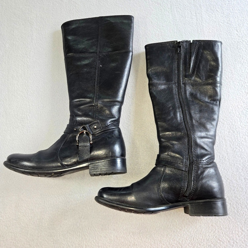 Clarks Riding Boots Womens 8.5 Black Leather Side Zip Harness Buckle